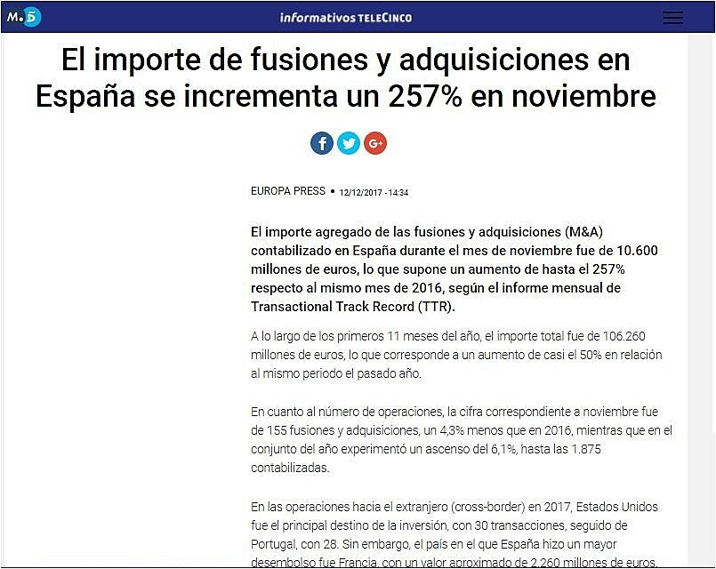 El importe de fusiones y adquisiciones en Espaa se incrementa un 257% en noviembre